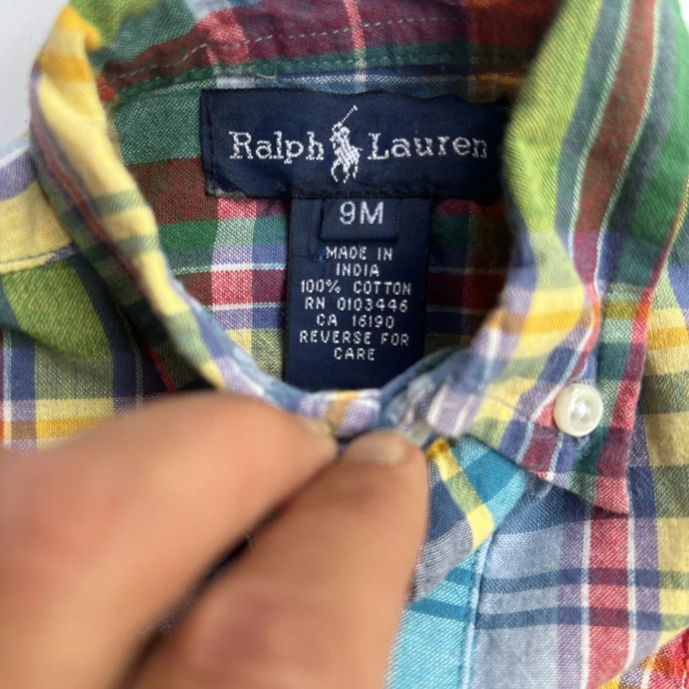 Ralph Lauren Plaid One Piece Romper Baby Boy Sz 9M Preppy Spring Summer Beach